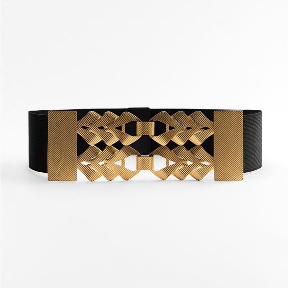🌹NWT. Zara Black/Golden Elastic Belt with Braided Metal Appliqué. Size 30 - Picture 5 of 9
